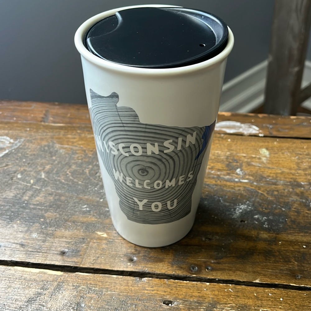 Starbucks Ceramic Coffee Travel Mug Tumbler Wisconsin Welcomes You 12oz
